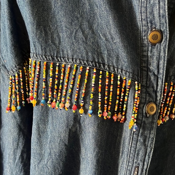 Amy Adams Vintage Beaded Fringe Blue Denim Button-Up Shirt Size 2XL - Picture 3 of 4